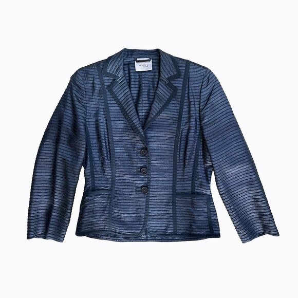 Akris Punto Blue Tone Blazer Sz 6 Jacket 100% Silk Striped Textured Office Siren - Picture 10 of 10